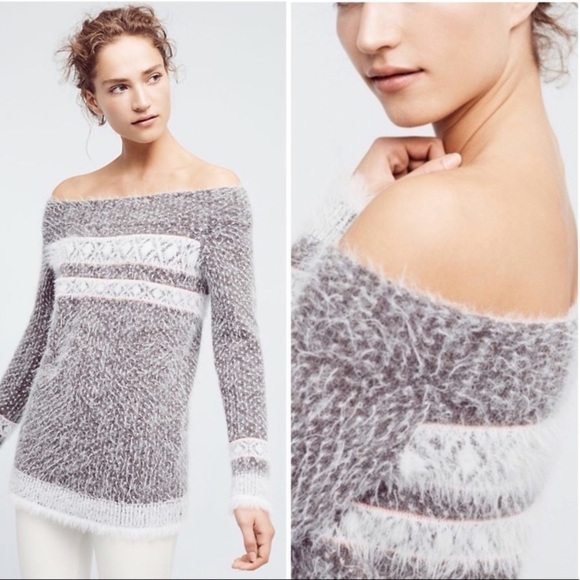 Anthropologie Sweaters - ANTHROPOLOGIE Sleeping on Snow Faroe Off Shoulder Fuzzy Woo Grey Sweater Angora